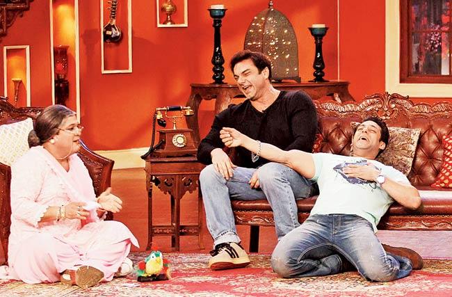 Several leading stars, including Salman Khan (right), have featured in Kapil Sharma’s show, Comedy Nights  With Kapil, to promote their films. On the left is Dadi  (Ali Asgar) and  Sohail Khan