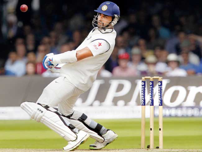 Murali Vijay leaves a testing delivery on the third day of the second Test at Lord