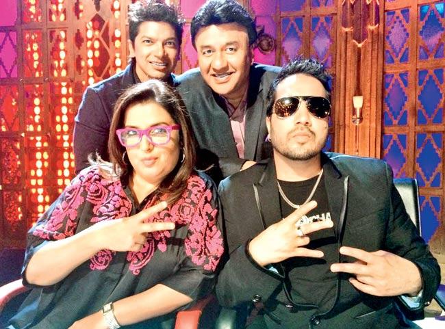 From left: Farah Khan, Shaan, Anu Malik and Mika on the sets of Entertainment Ke Liye Kuch Bhi Karega