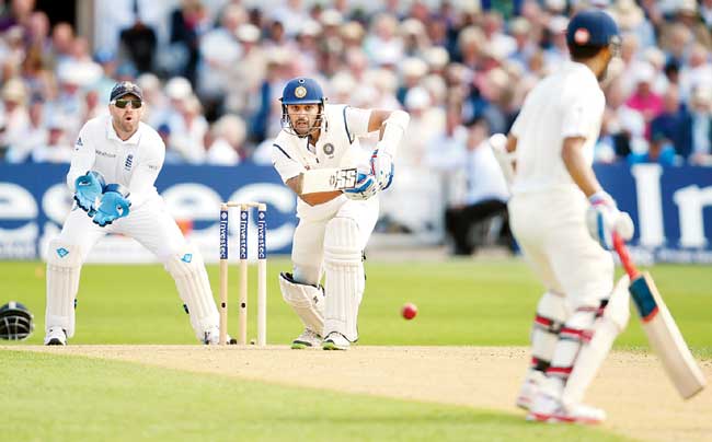 India opener Murali Vijay plays the ball past the bowler as England wicketkeeper Matt Prior looks on during Day One of the 1st Test at Trent Bridge on July 9. The pitch came in for heavy criticism for lack of pace.  Pic/Getty Images