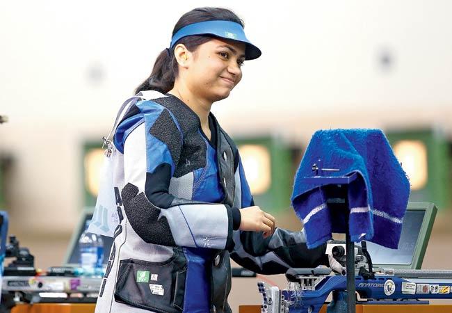 Apurvi Chandela celebrates after winning the gold medal in the women’s 10m air rifle event at the Barry Buddon Shooting Centre