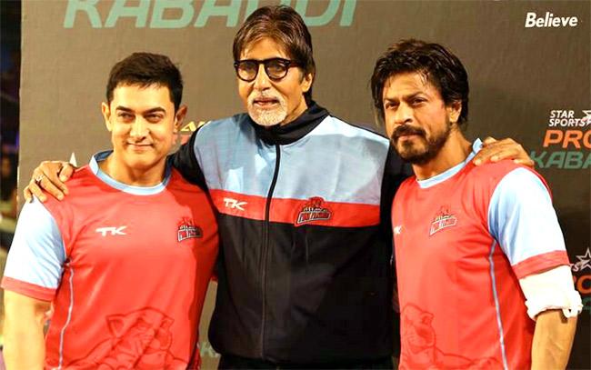 Actors Aamir Khan, Amitabh Bachchan and Shahrukh Khan during Pro Kabaddi League (PKL) in Mumbai on July 26, 2014. Pic/IANS