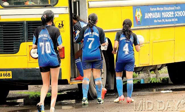Members of the Jamnabai Narsee team walk back to their school bus after the final yesterday. Pic/Nimesh Dave
