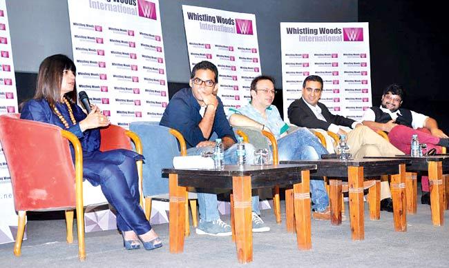(From left) Designer Neeta Lulla, filmmaker Vikramaditya Motwane, actor-filmmaker Roshan Abbas, Rahul Puri, MD, Mukta Arts, and media consultant Tarun Tripathi during a panel discussion at the institute