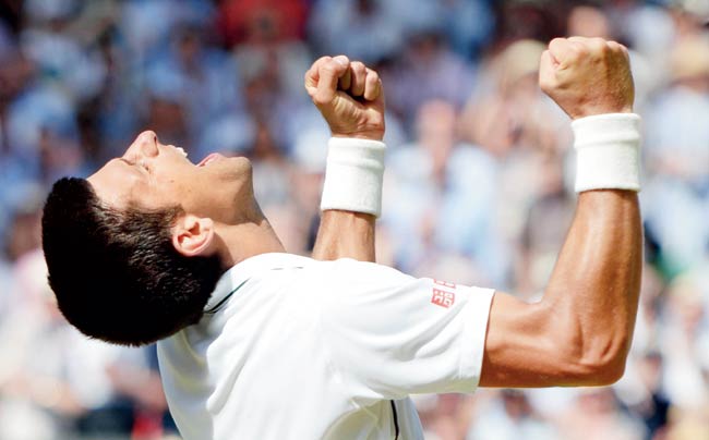 Novak Djokovic celebrates his semi-final win over Grigor Dimitrov at the All England Tennis Club in London yesterday. Pics/AFP