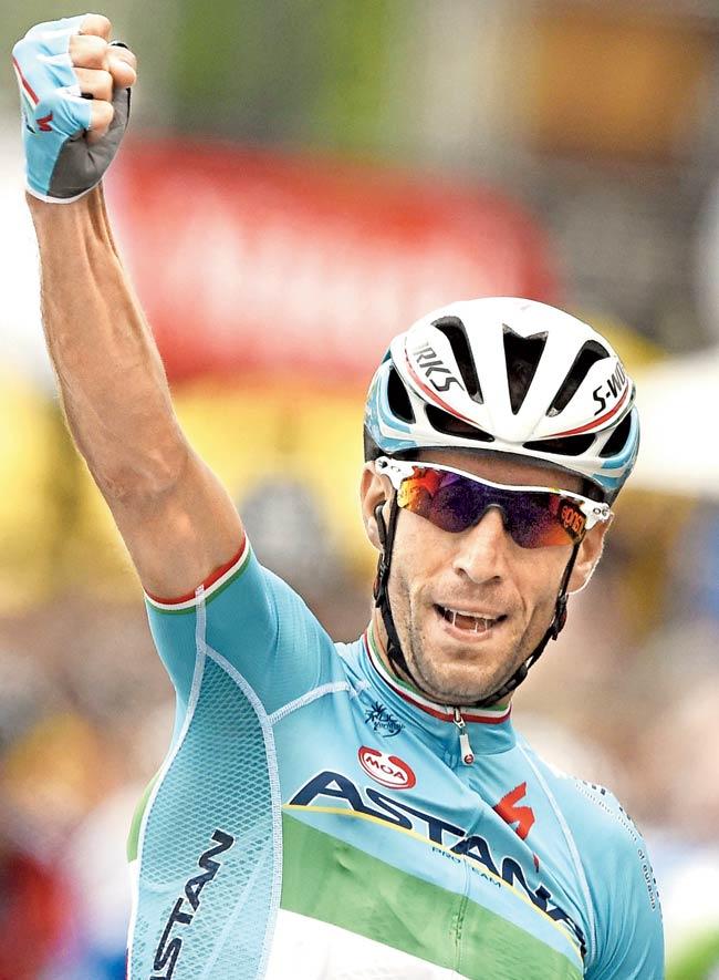 Vincenzo Nibali celebrates as he crosses the finish line. Pic/AFP