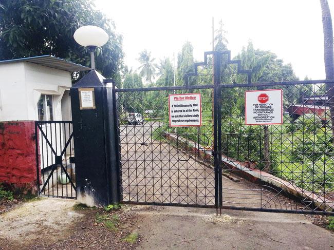 The main gate of the Central Poultry Development Organisation at Aarey Milk Colony on which the snake was resting