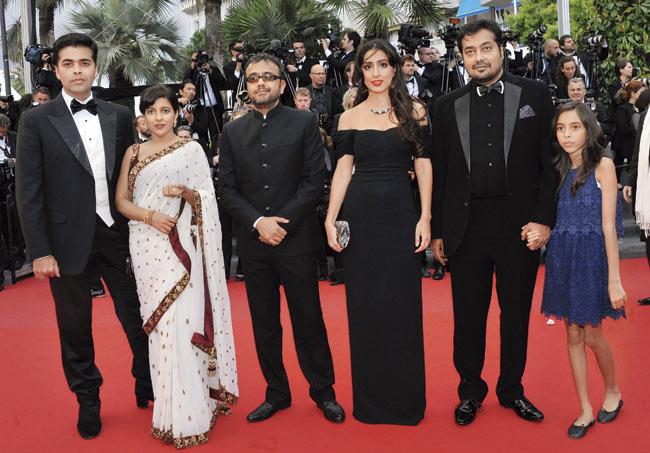 Aaliyah (extreme right) with her father Anurag Kashyap at the Cannes film festival last year. From left are filmmakers Karan Johar, Zoya Akhtar, Dibakar Banerjee and Ashi Dua