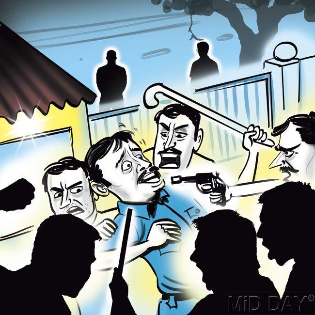 While two  burglars were on lookout duty outside the building, another 6  attacked the watchmen with loaded pistols, knives, hockey  sticks and rods. Illustration /Amit Bandre