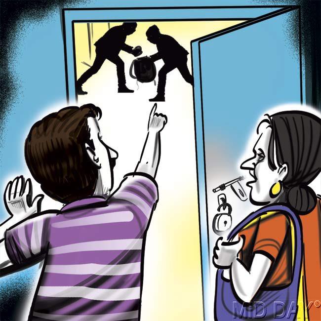 Reaching home late, the couple find the lock to their house broken; realise they are being robbed. Illustration /Amit Bandre