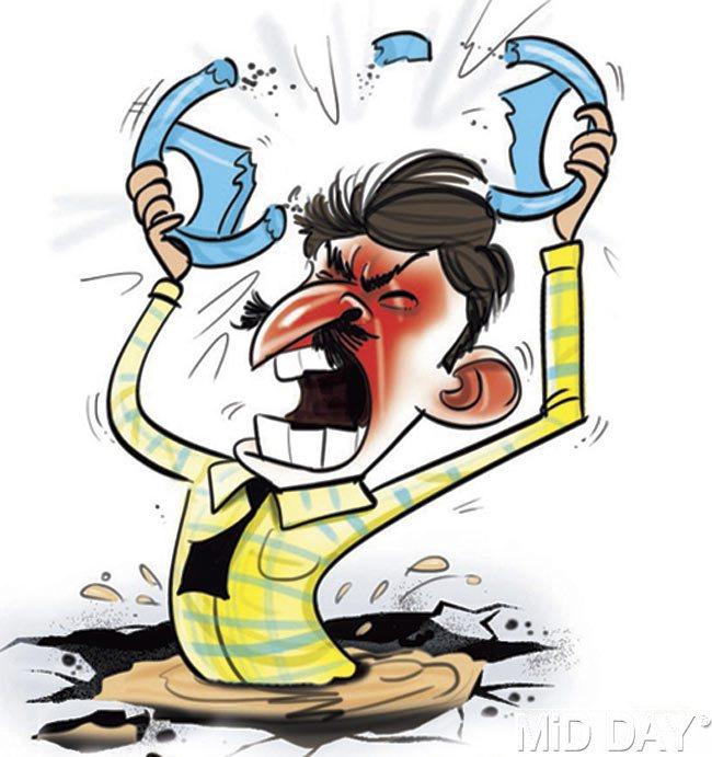 Anger: He is frustrated seeing the crater and wants to break the steering wheel in rage