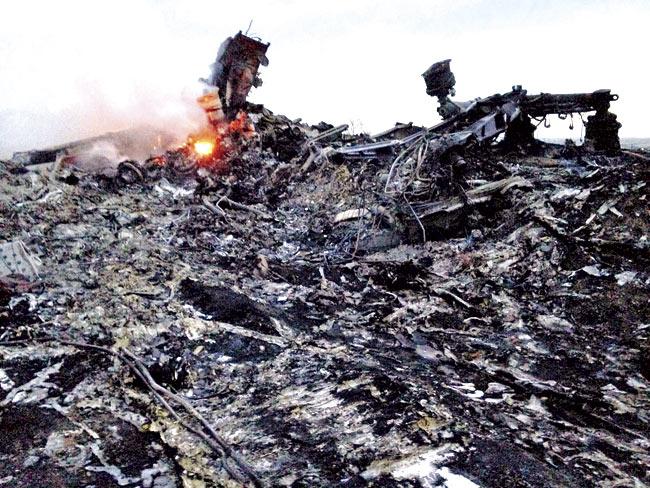 The burnt remains of the plane, at the crash site, near the village of Grabovo in Ukraine. Pic/AFP