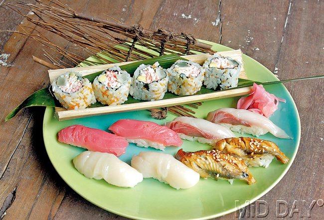 Guppy does variety of sushi and also offers an assorted platter