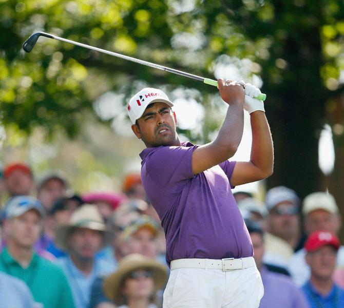 Anirban Lahiri of India watches a tee shot on the fourth hole during the first round of the 2015 Masters Tournament at Augusta National Golf Club on April 9, 2015 in Augusta, Georgia. Pic/PTI