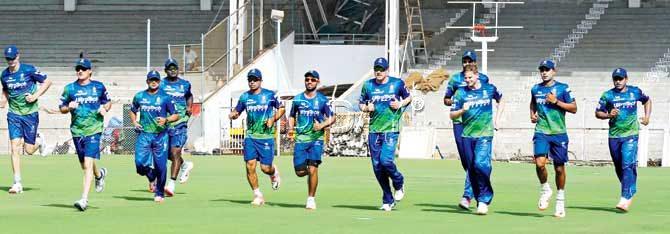 Rajasthan Royals players during a training session at the Brabourne Stadium on Tuesday. Pic/Suresh KK