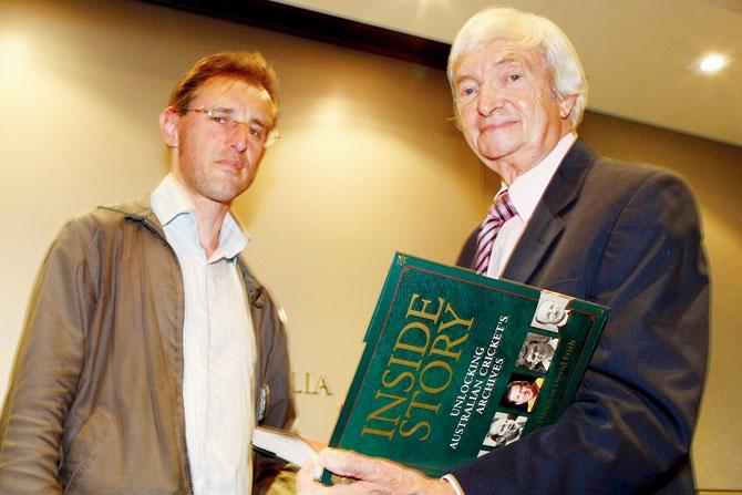 Gideon Haigh (left) with former Australian cricketer Richie Benaud on October 22, 2007. PIC/GETTY IMAGES