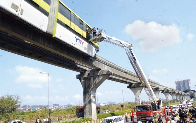Around 11 passengers were evacuated by the fire brigade after the Monorail stopped near Bhakti Park on March 15, 2015. File pic