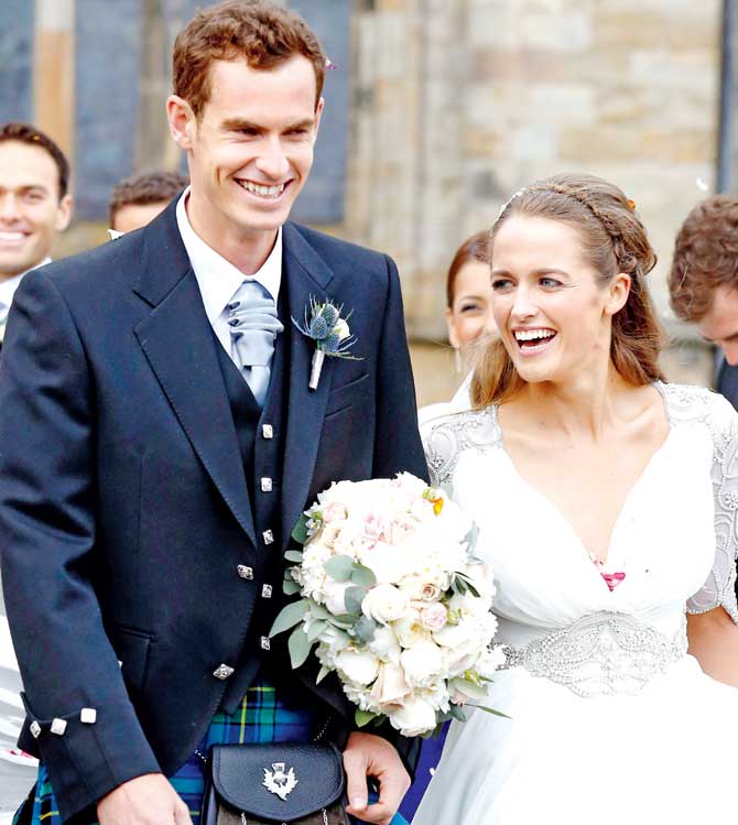 Newly weds: Andy Murray and Kim Sears leave Dunblane Cathedral after their wedding. Pics/Getty Images/AFP