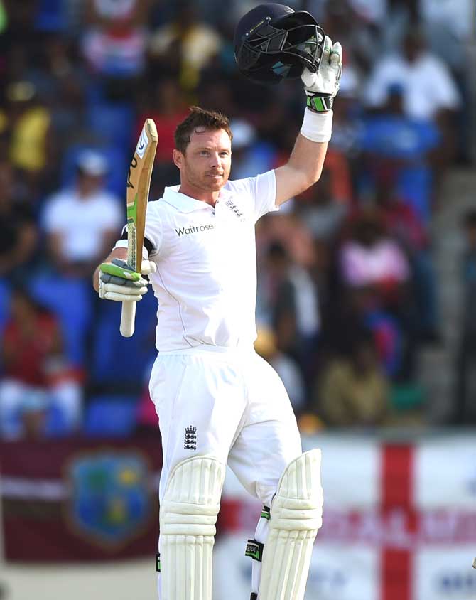 English batsman Ian Bell celebrates scoring his century during day one of the first test match between West Indies and England at the Sir Vivian Richard Stadium in St John