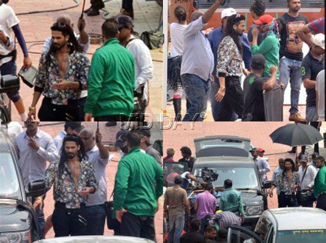 Check out pictures of Shahid Kapoor sporting long hair with blue streaks and walking around on the sets of 