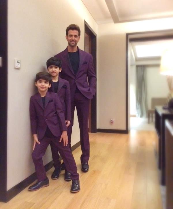 Hrithik Roshan with his kids, Hridhaan and Hrehaan, in purple suits