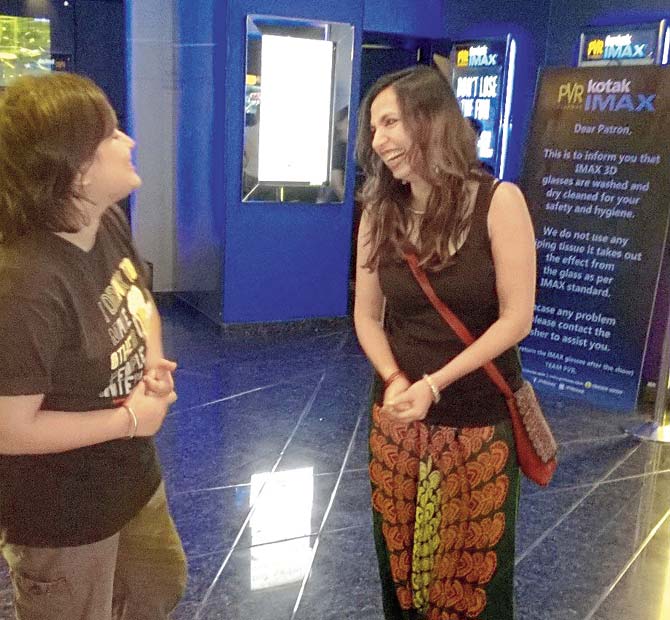 A viewer talks to Margarita with a Straw director Shonali Bose in the PVR foyer during the film’s intermission