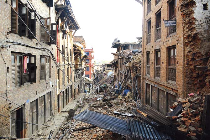 Collapsed houses in Bhaktapur, on the outskirts of Kathmandu. The death toll in the Nepal earthquake crossed 4,000 yesterday. Pic/AFP