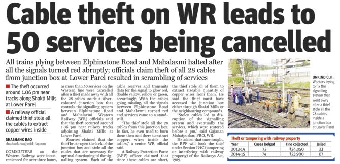 mid-day report on April 21 highlighting the cable theft and the resulting scrambling of services on the Western line