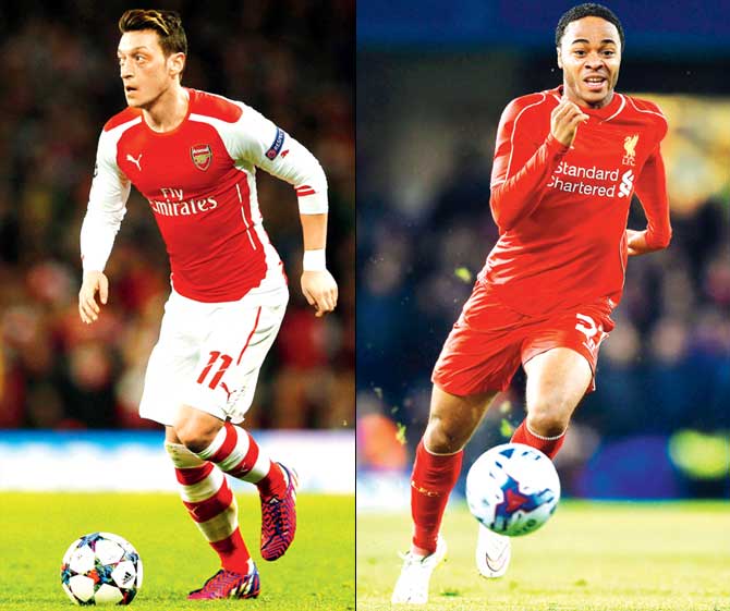 Arsenal midfielder Mesut Ozil and Liverpool forward Raheem Sterling. Pics/Getty Images