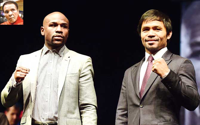Boxers Manny Pacquiao (right) and Floyd Mayweather during a press conference in Los Angeles last month. Pic/AFP. Inset: Muhammad Ali