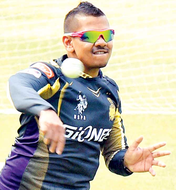 KKR spinner Sunil Narine during a practice session at Eden Gardens yesterday. Pic/PTI