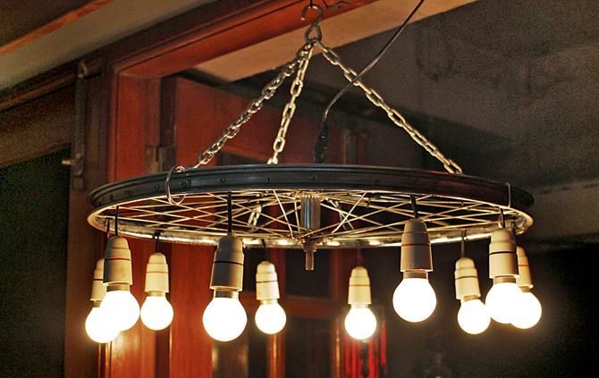 A  cycle-rim chandelier