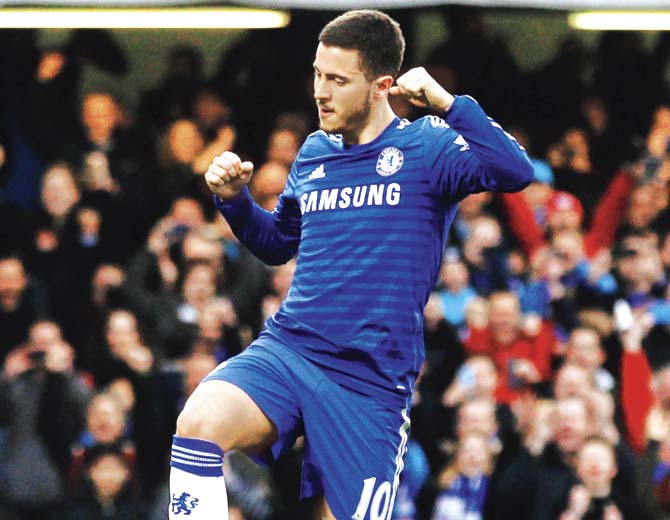 Chelsea’s Eden Hazard celebrates after scoring against Stoke. Pic/AFP