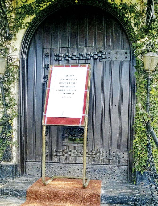 The notice outside the door of Gallops restaurant, yesterday. The banquet hall adjacent to Gallops, also run by the restaurant, had the same notice