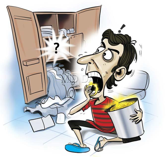 Housebreaker Pankaj Lokhande did not find any valuables in the house he had broken into and went to the kitchen for a snack when he discovered gold rings, earrings and chains hidden inside a steel snack jar. Illustration/Amit Bandre