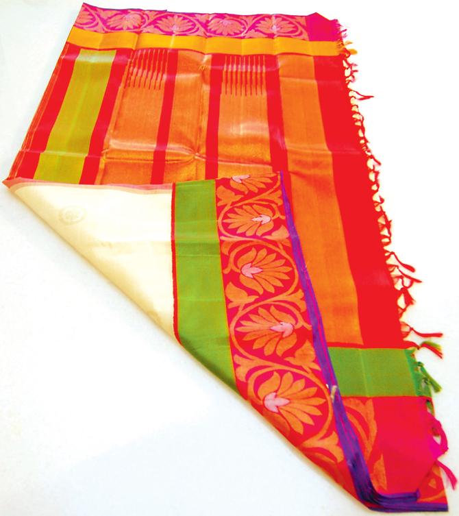 A Kanjivaram  sari with inter- locking weaves; it is  a contemporary option to the Panetar saris worn at Gujarati weddings 