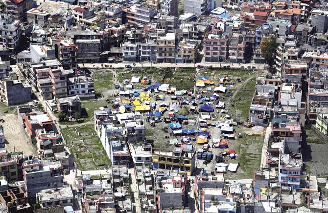 An aerial view of tents set up in an open area in Kathmandu. Pic/PTI