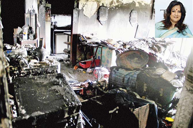 The fire started from the bedroom of Moon Moon Sen’s apartment on the sixth floor, and three rooms were gutted in the mishap. Pic/PTI