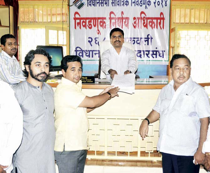 A file photo of Nitesh Rane (centre) filing his nomination for the Kankavli seat during the 2014 Assembly polls, flanked by elder brother Nilesh (left) and Narayan Rane. While Nitesh had won, his father had lost from his stronghold, Kudal