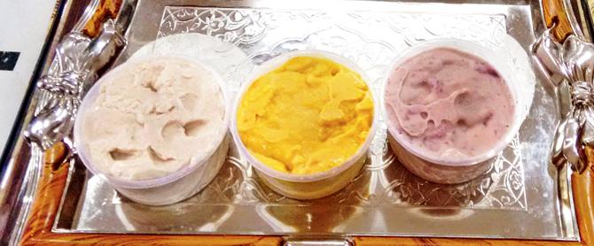 Sancha ice cream (hand-churned ice- cream) made from fresh fruits (pear, mango and strawberry).