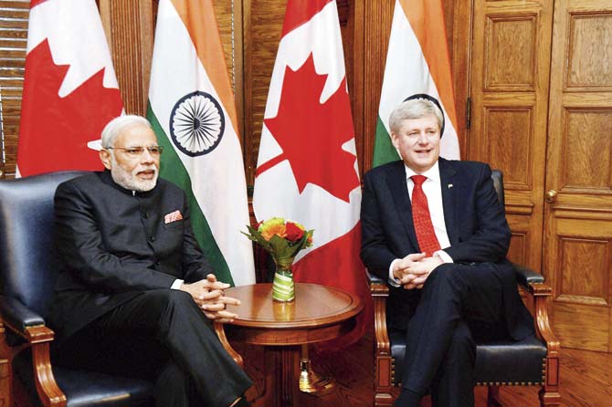 Prime Minister Narendra Modi met his Canadian counterpart Stephen Harper at at Parliament Hill in Ottawa yesterday. It has taken an Indian prime minister 42 years to visit Canada after Indira Gandhi went there in 1973. Pic/PTI