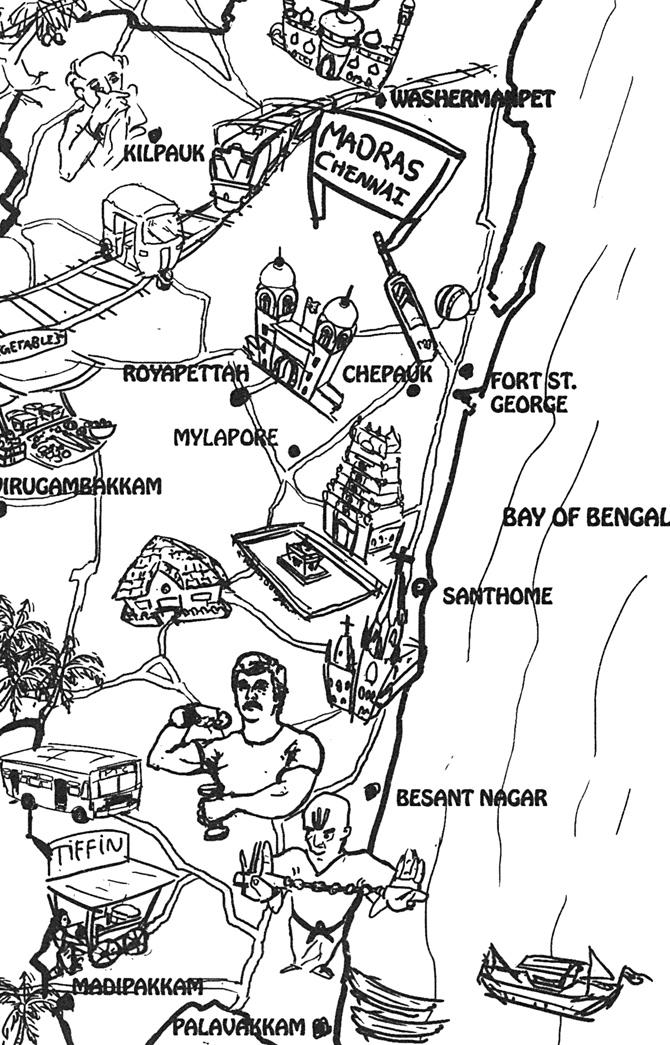 MAP NOT TO SCALE. ILLUSTRATION COURTESY/ Manaas Udayakumar, extracted from Madras, Chennai and The Self