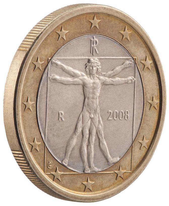 The image of the Vitruvian Man engraved on the Italian 1 Euro coin