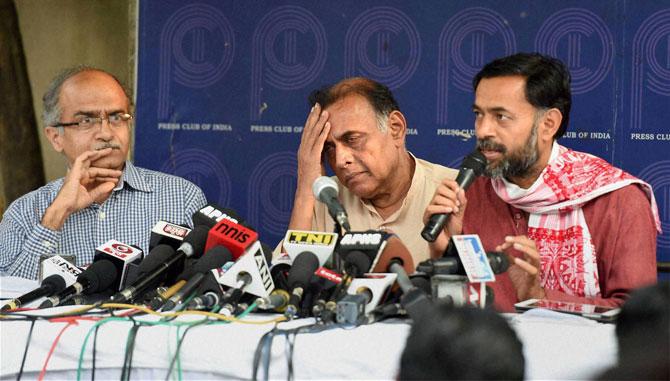 Rebel AAP leaders Yogendra Yadav, Anand Kumar and Prashant Bhushan during a press conference in New Delhi on Wednesday