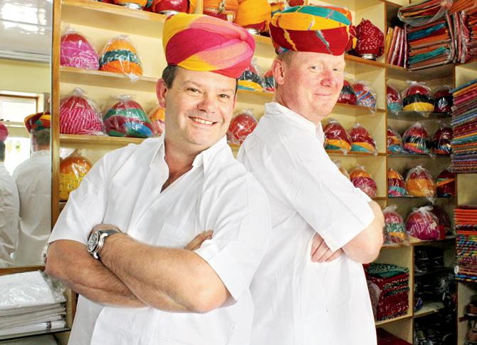 Gary Mehigan (left) tries on a pagdi in Jodhpur
