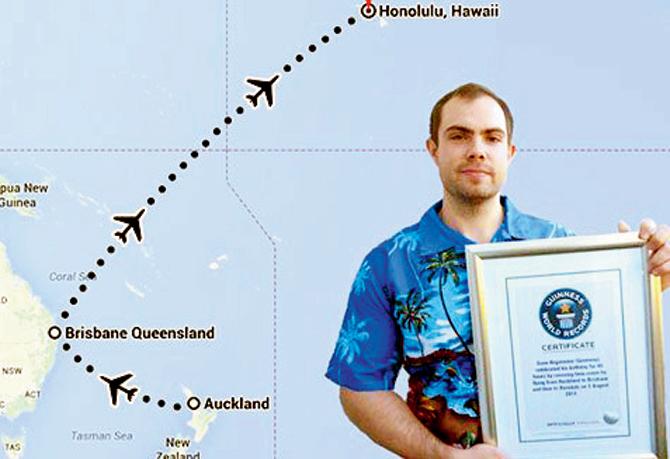 Over the course of 46 hours,  Sven Hagemeier (above) flew from Auckland (New Zealand),  to Brisbane (Australia) and  then to Honolulu (Hawaii)  Pic/guinnessworldrecords.com