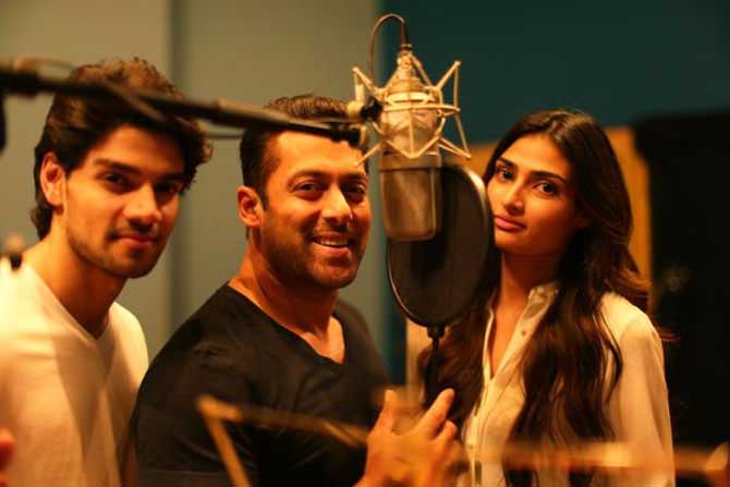Sooraj Pancholi, Salman Khan and Athiya Shetty at the recording of 