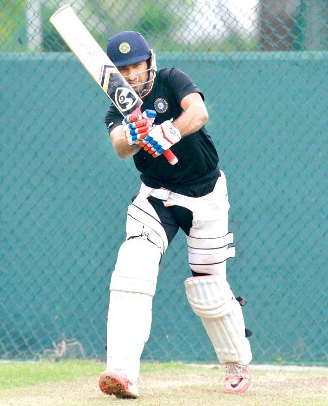 Cheteshwar Pujara bats in the Sinhalese Sports Club nets in Colombo yesterday. Pic/Solaris Images