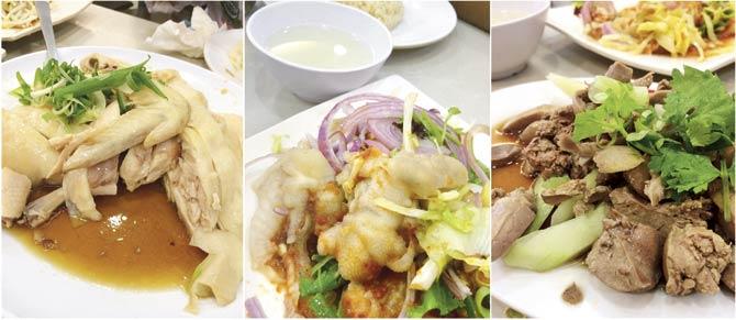 Hainanese Chicken Rice, Chicken Feet Salad and Sauteed Chicken Liver and Gizzard