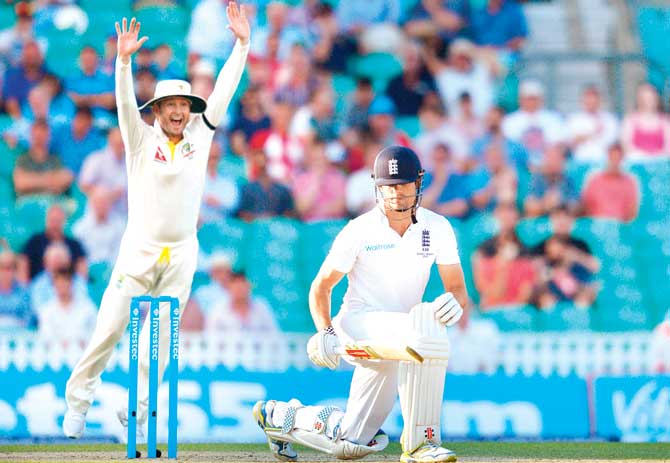 England skipper Alastair Cook reacts after losing his wicket a couple of overs before the end of third day